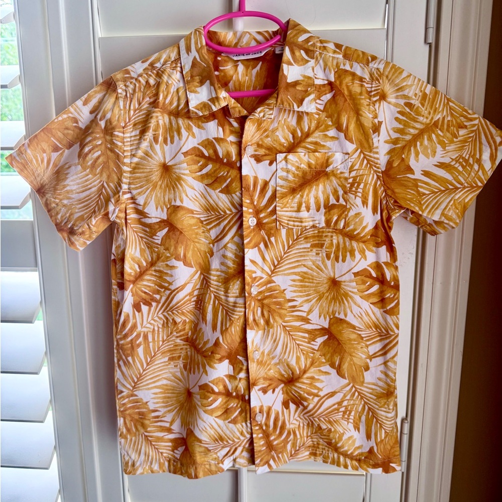 Janie & Jack Boys‎ Size 8 Yellow Palm Print Hawaiian Button-Up Shirt